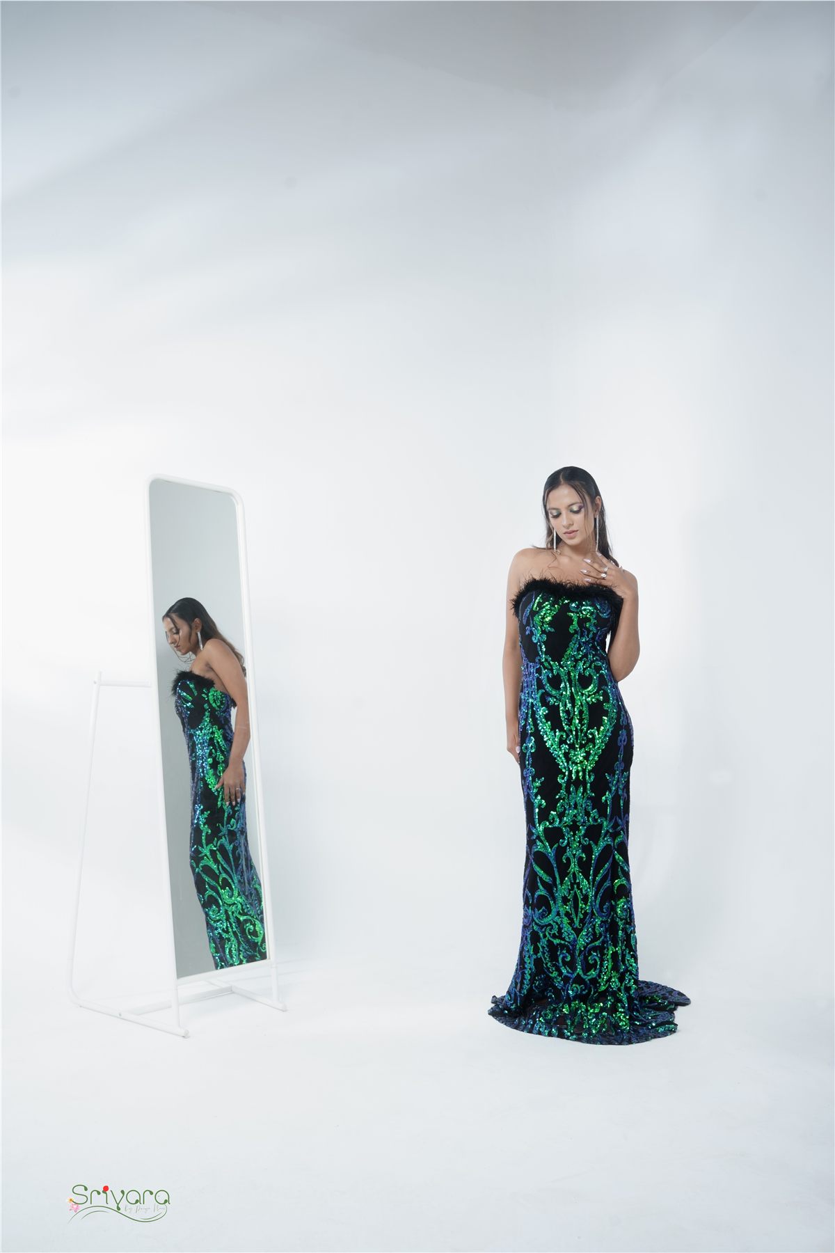 Sequin evening gown studio shoot